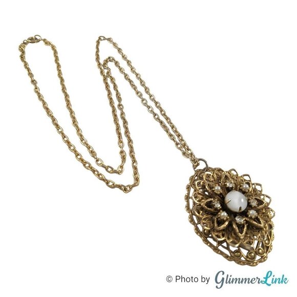 Vintage Layered Filigree Floral Oval Glass Moonstone Gold Tone Pendant Necklace - Picture 9 of 10
